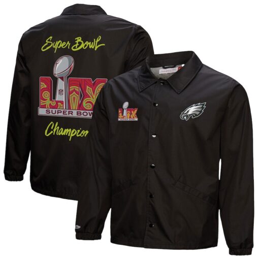 Men's Philadelphia Eagles Mitchell & Ness Black Super Bowl LIX Champions Full-Snap Coaches Jacket