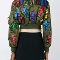 Moschino Couture Jeremy Scott Allover Colorful Cross Patch Cropped Bomber Jacket