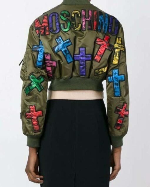 Moschino Couture Jeremy Scott Allover Colorful Cross Patch Cropped Bomber Jacket