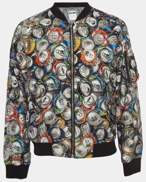 Moschino Couture Multicolor Beverage Cans Print Nylon Bomber Jacket