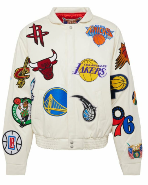 White NBA Team Collage Jeff Hamilton Leather Jacket