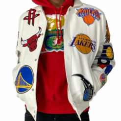 White NBA Team Collage Jeff Hamilton Leather Jacket