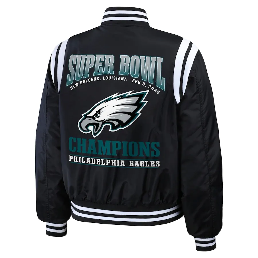 Women’s WEAR by Erin Andrews Black Philadelphia Eagles Super Bowl LIX Champions Full-Button Bomber Jacket Women’s WEAR by Erin Andrews Black Philadelphia Eagles Super Bowl LIX Champions Full-Button Bomber Jacket
