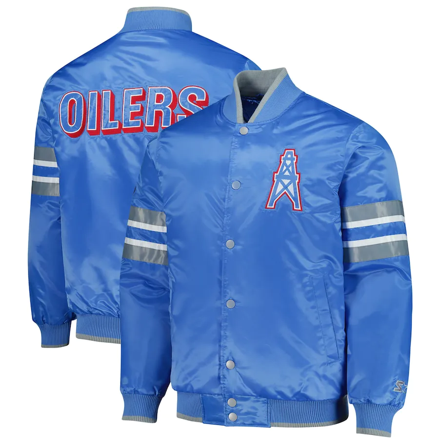 Men's Houston Oilers Starter Light Blue Gridiron Classics Vintage Logo Scout I Full-Snap Varsity Jacket Men's Houston Oilers Starter Light Blue Gridiron Classics Vintage Logo Scout I Full-Snap Varsity Jacket
