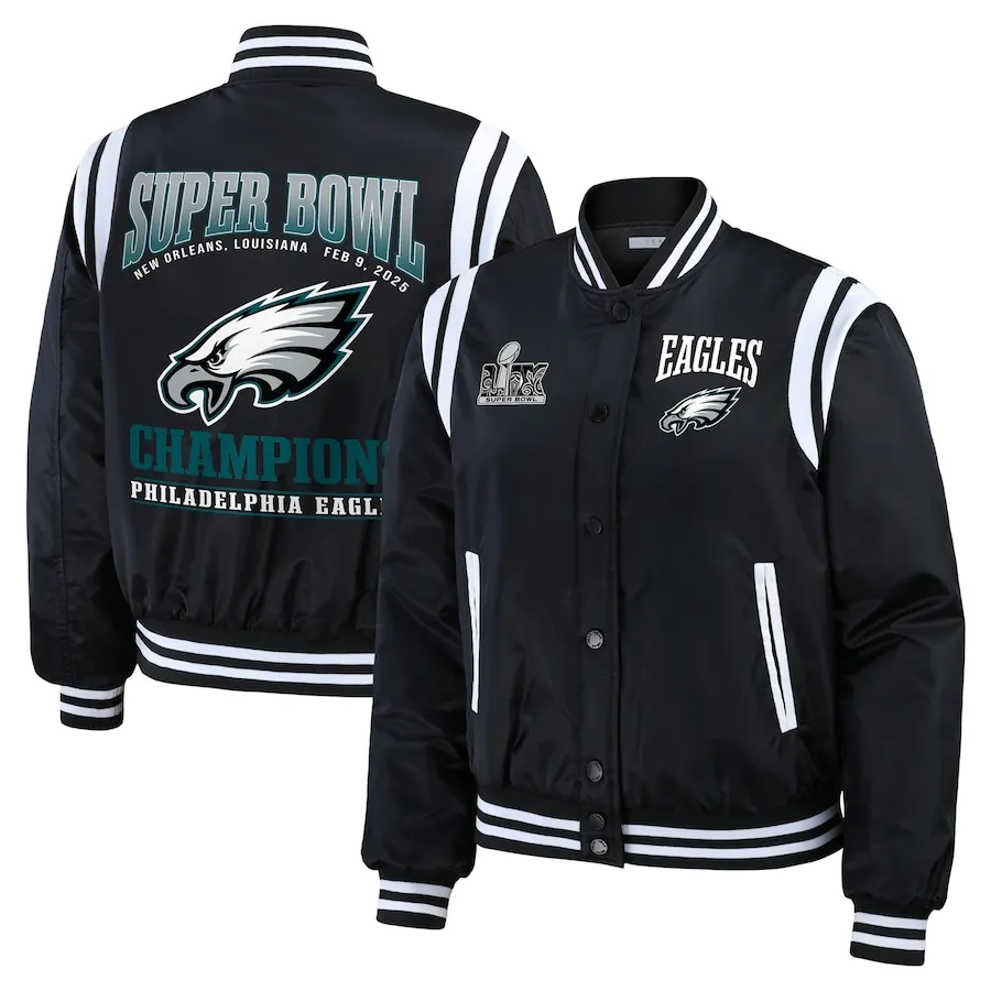 Women’s WEAR by Erin Andrews Black Philadelphia Eagles Super Bowl LIX Champions Full-Button Bomber Jacket Women’s WEAR by Erin Andrews Black Philadelphia Eagles Super Bowl LIX Champions Full-Button Bomber Jacket