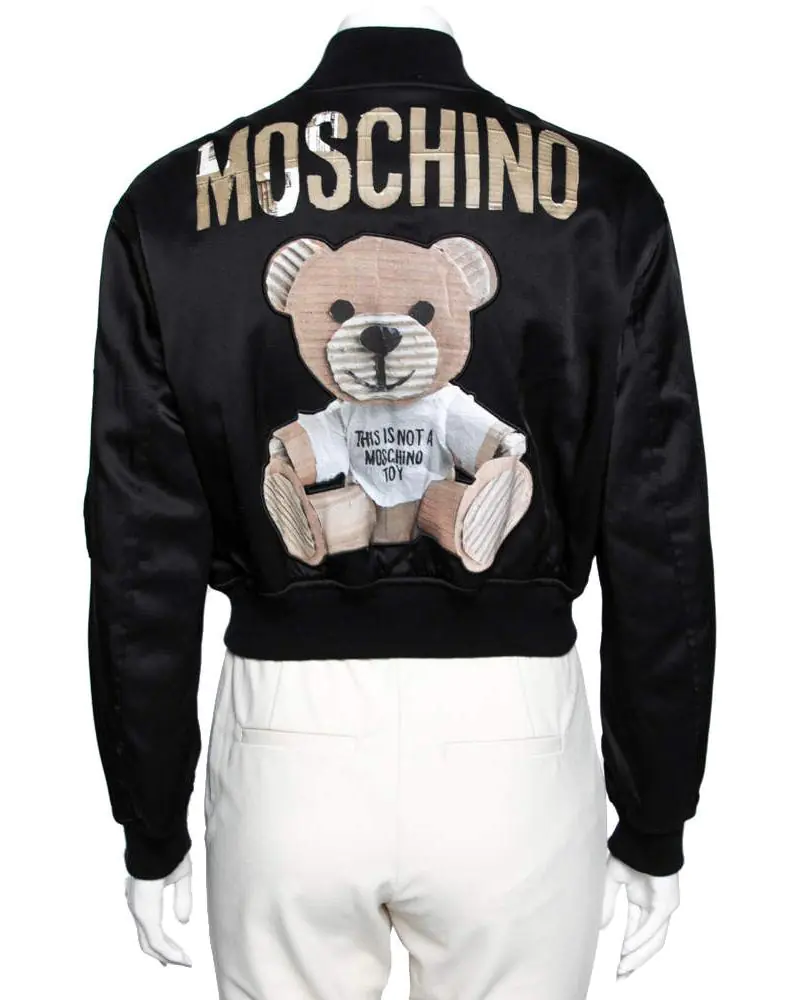 Moschino Couture Black Teddy Print Synthetic Cropped Bomber Jacket