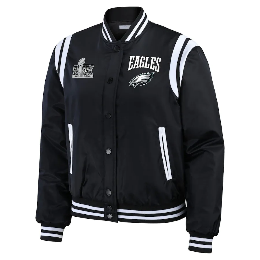 Women’s WEAR by Erin Andrews Black Philadelphia Eagles Super Bowl LIX Champions Full-Button Bomber Jacket Women’s WEAR by Erin Andrews Black Philadelphia Eagles Super Bowl LIX Champions Full-Button Bomber Jacket