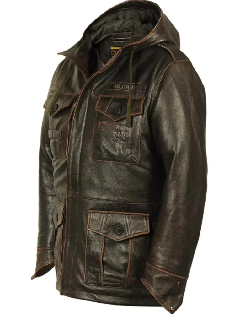 M-65 Cap Brown Field Leather Military Jacket M-65 Cap Brown Field Leather Military Jacket